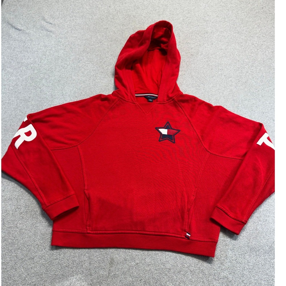 Tommy Hilfiger Hoodie Womens L Red Star Logo Pullover Sporty Americana Gym Cozy